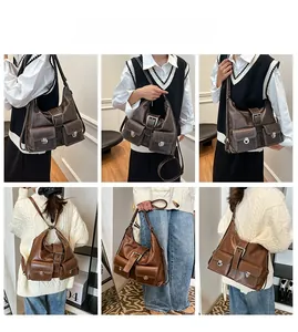 Multiple views of a vintage dark brown and caramel backpack with adjustable straps
