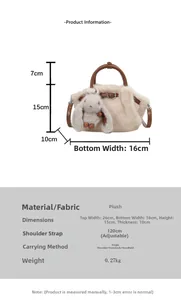 Tabella taglie per borsa a secchiello in peluche con dimensioni e dettagli tracolla