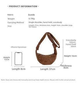 Spécifications de taille et options de portage pour sac croissant en suédine
