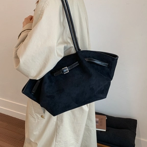 Vintage matte black faux suede tote bag for women featuring silver buckle details