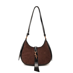 Retro crescent shoulder bag in dark brown suede with crocodile pattern trim and gold buckle