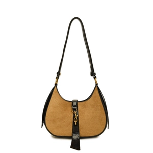 Retro camel suede hobo shoulder bag with black leather trim and gold metal buckle