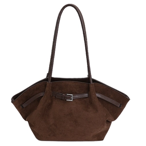 Large brown faux suede tote bag with pleated detail and metal buckle for women