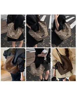 Detailed views of leopard print tote bag styled by model in various urban street scenes