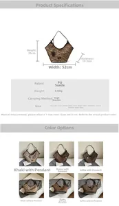 Detailed dimension guide and leopard print tote bag options with suede finish