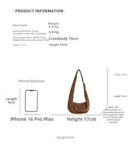 Detailed size chart for suede shoulder bag showing dimensions and capacity details