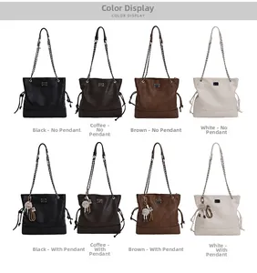 Detail view of retro tote bags in four colors with chain straps and plush charms