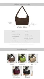 Guide des tailles détaillé et options de couleurs pour le sac cabas en daim élégant