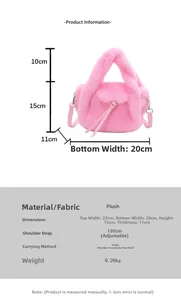 Detailed dimension chart for pink plush shoulder bag showing size and specifications