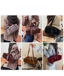 Collage of model carrying various colors of suede Boston tote bags in lifestyle settings