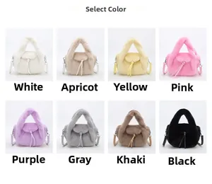 Detailed grid showing eight color options for plush faux fur crossbody tote bags