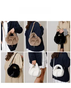 Furry plush handbag shown in brown, black, and white styles from multiple wearing angles