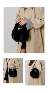 Black faux fur handbag details showing plush handles, leather straps, and multi-way carry style
