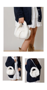 Three-way view of a white faux fur plush handbag with detachable shoulder strap details