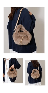 Three-way view of soft plush faux fur crossbody bag with leather strap and knot detail