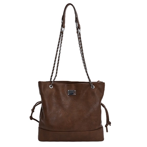 Retro dark brown tote bag with chain handles and minimalist leather texture design