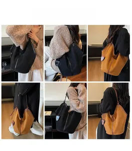 Multi-angle view of suede shoulder bag in black and caramel showing vintage drape style