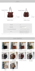 Tableau des tailles pour sacs seaux à cordon avec détails du matériau PU et mesures