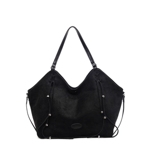 Minimalist black suede tote bag with decorative silver beads and long shoulder straps