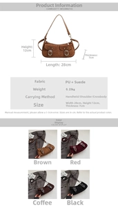 Guía de tallas para bolso media luna vintage con dimensiones y detalles de material