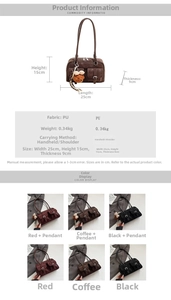 Detailed view of vintage PU leather tote dimensions and capacity with bear keychain