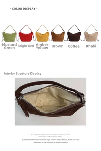 Detailed interior and six-color options for the suede crescent shoulder bag with chain strap