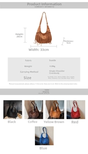 Spécifications de taille et options de couleurs pour le sac besace à franges en daim