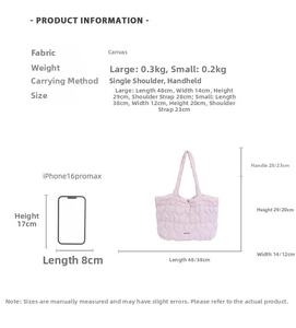 Size chart showing large and small canvas tote bags with iPhone comparison and dimensions