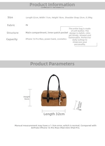 Detailed size specifications of brown Boston bag showing dimensions 32x11x18cm and features