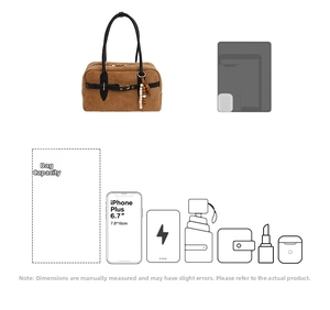 Brown Boston bag detail showing large capacity storage for phone and daily items