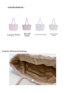 Quilted tote bags in pink and pearly white showing large and small sizes with inner pocket