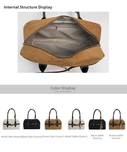 Detail view of suede handbag interior structure and six color options with tassels