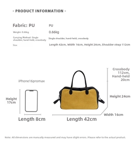 Detail of bicolor tote bag dimensions 42x16x24cm with iPhone 16 Pro Max for scale