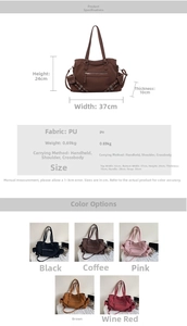 Guide des tailles du sac cabas en PU mat avec dimensions 37x24x10cm et cinq coloris