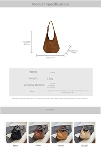 Tableau des tailles pour sac hobo en daim avec dimensions 34x40x10cm et options de couleur