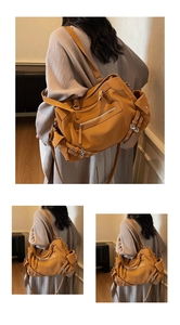 Détail du sac bandoulière jaune moutarde avec plusieurs poches zippées et des rivets