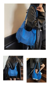 Vue détaillée du sac porté épaule en daim bleu vif à franges avec boucle métallique