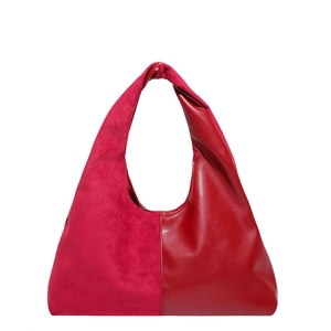 Retro deep red oil wax leather and suede stitching large capacity hobo shoulder bag