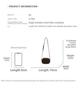 Detailed size specifications for brown PU small square bag with iPhone size comparison