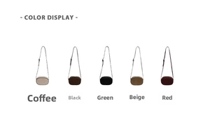 Color display of mini crossbody bowling bags in beige, coffee, black, green and red