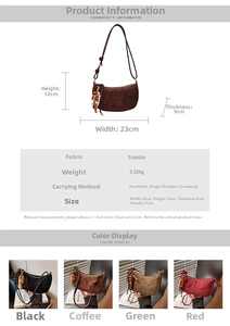 Detail view of suede dumpling bag with tassel charm and product dimensions chart