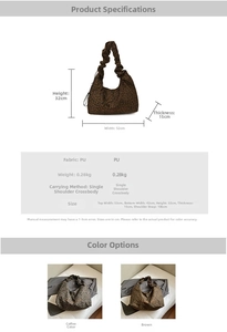 Detailed size specifications and material chart for the leopard print oversized tote bag