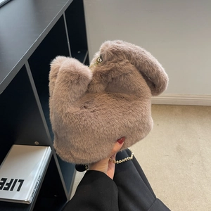 Sac Seau en Fausse Fourrure Peluche pour Femmes Avec Bandoulière Chaîne en Métal Doré Sac à Main Souple Automne Hiver