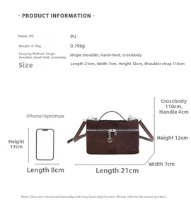 Size chart showing brown PU handbag dimensions next to a phone for comparison