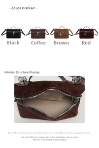 Detail view of suede crossbody bags in four colors showing the interior fabric lining