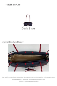 Dettaglio della borsa a pois blu navy con cinturini rossi e fibbia a cuore su fondo bianco