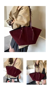 Détails du sac cabas en daim bordeaux avec bandoulière à nœud et couture décorative