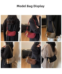 Retro dumpling bag collection in suede finish with decorative wooden bead tassels