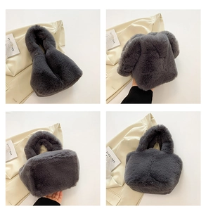 Detailed views of dark grey faux fur tote bag showing texture and thick handles