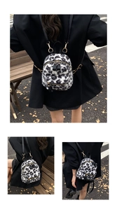 Detail of mini leopard print faux fur backpack with golden zippers for autumn fashion